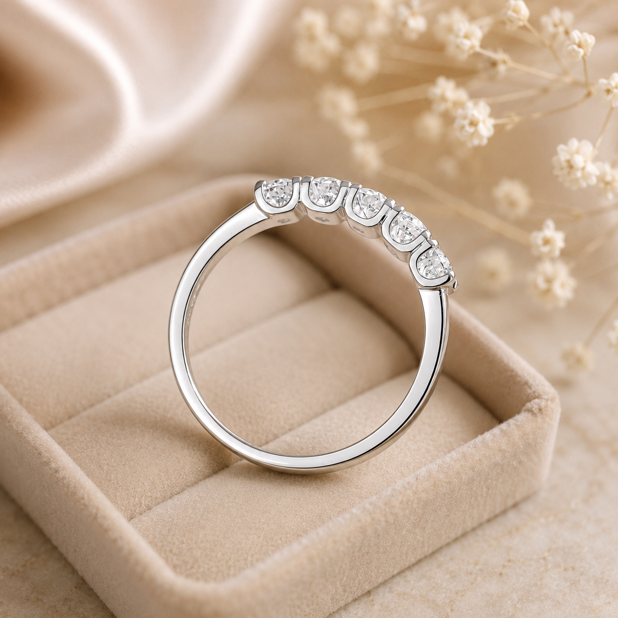 Five Stone Moissanite Diamond Wedding Band 925 Sterling Silver Ring