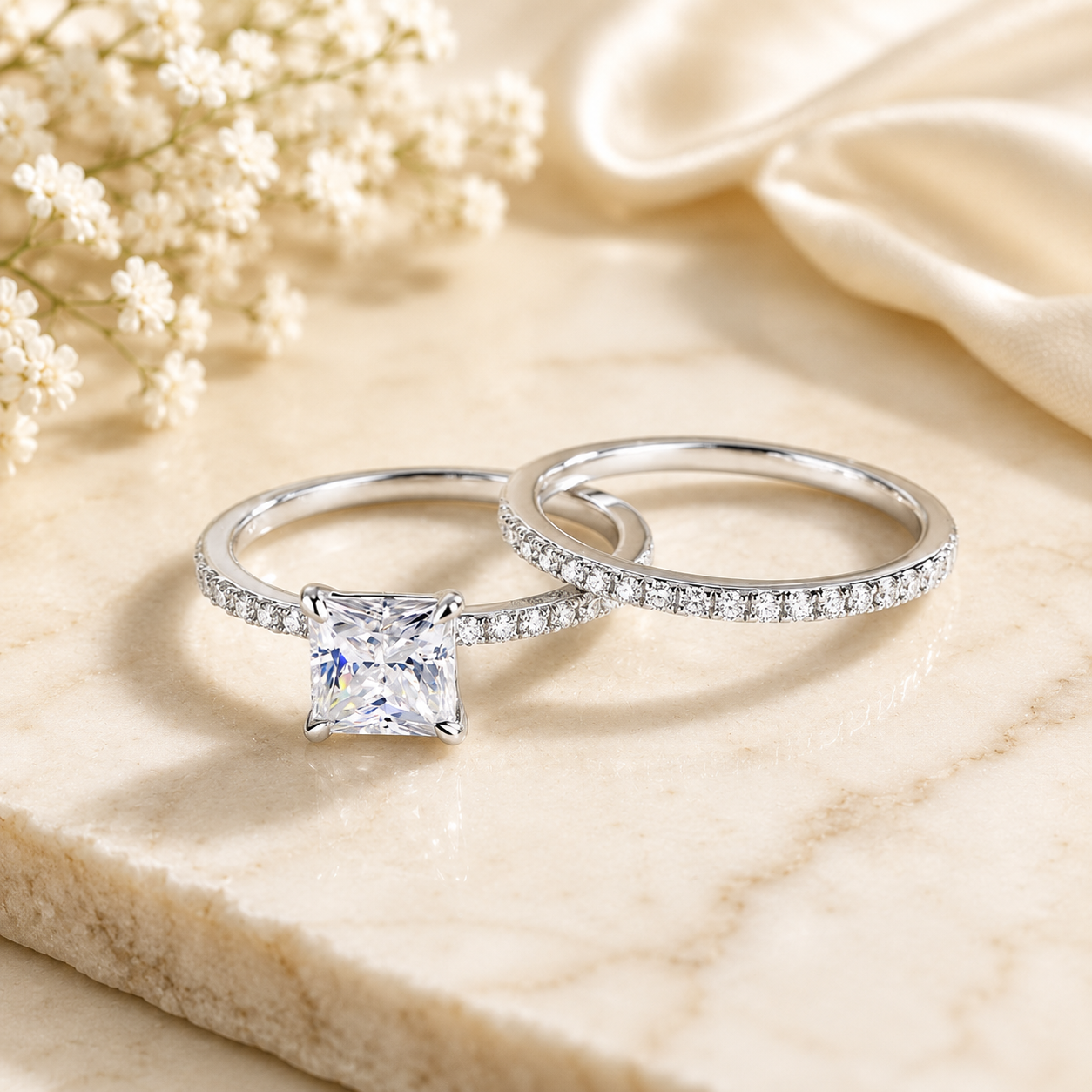 Princess Cut 1 Carat Moissanite Diamond Ring Set 925 Sterling Silver