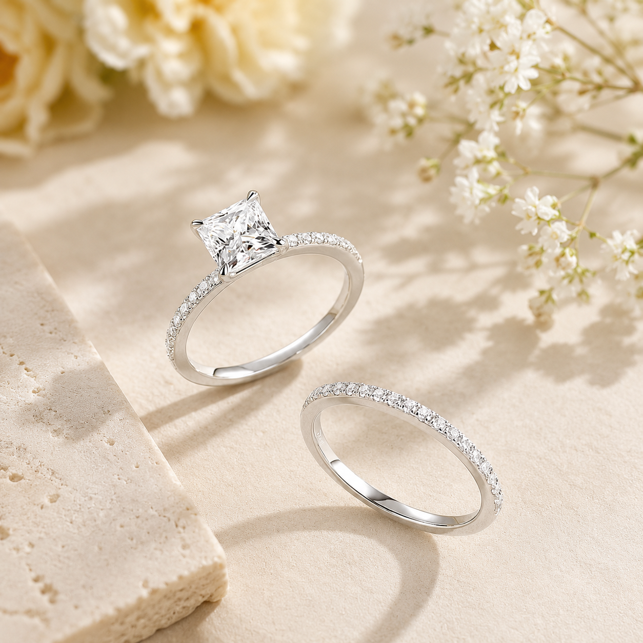 Princess Cut 1 Carat Moissanite Diamond Ring Set 925 Sterling Silver