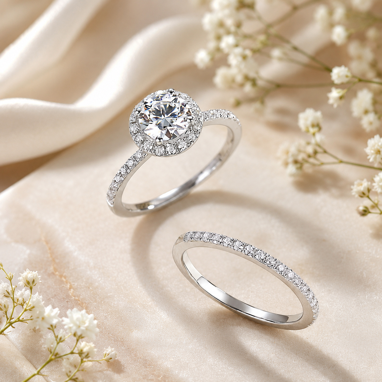 1 Carat Moissanite Diamond Halo Ring Set 925 Sterling Silver