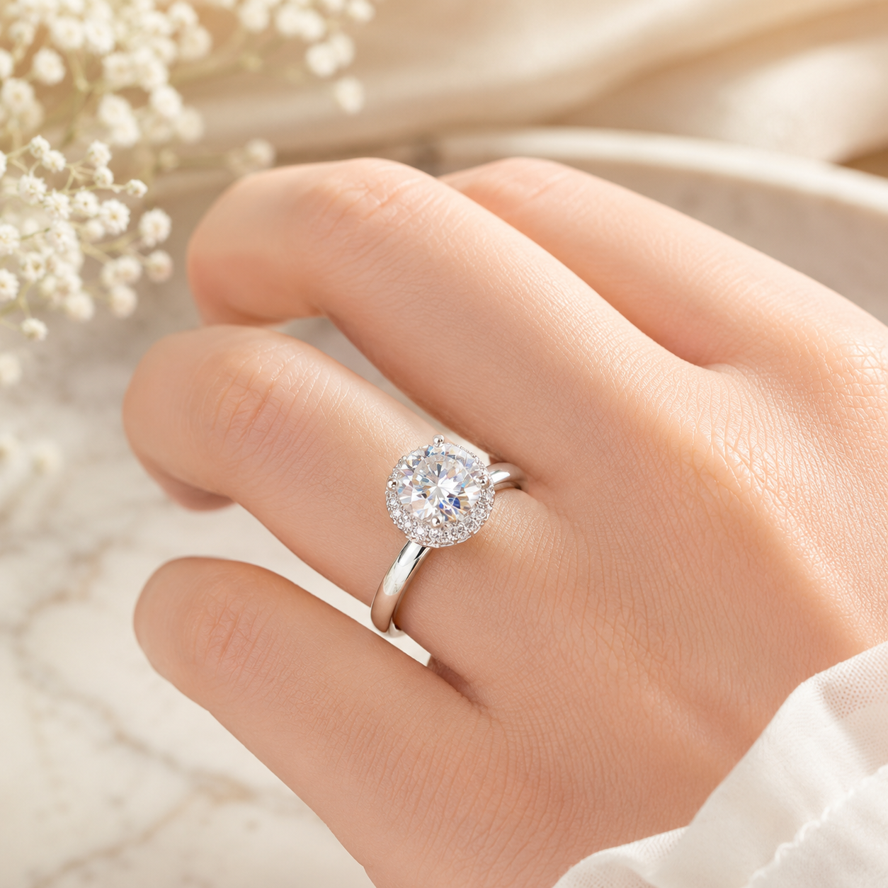 1.5 Carat Moissanite Diamond Ring Halo 925 Sterling Silver
