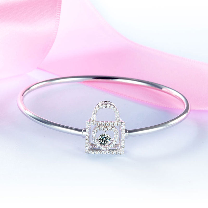 Heart Lock Dancing Stone Bangle Solid 925 Sterling Silver Bridal Bridesmaid Gift - View 7 | SelinJewels