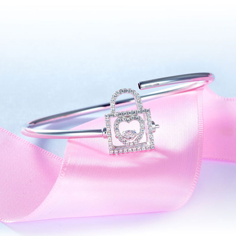 Heart Lock Dancing Stone Bangle Solid 925 Sterling Silver Bridal Bridesmaid Gift - View 8 | SelinJewels