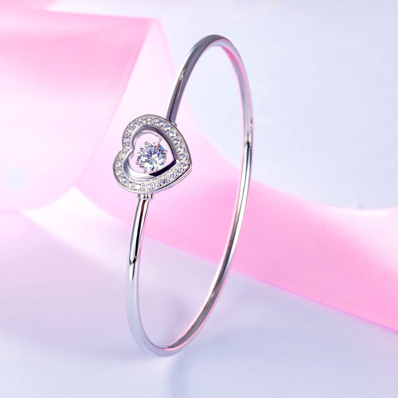 Dancing Stone Heart Bangle Solid 925 Sterling Silver Bridal Wedding - View 6 | SelinJewels
