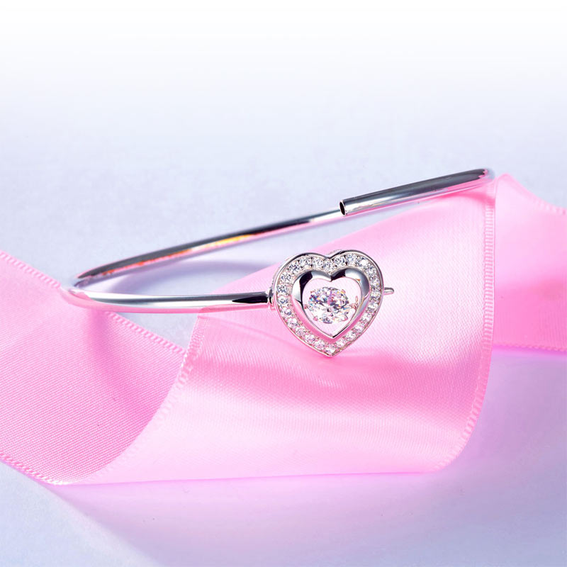 Dancing Stone Heart Bangle Solid 925 Sterling Silver Bridal Wedding - View 8 | SelinJewels