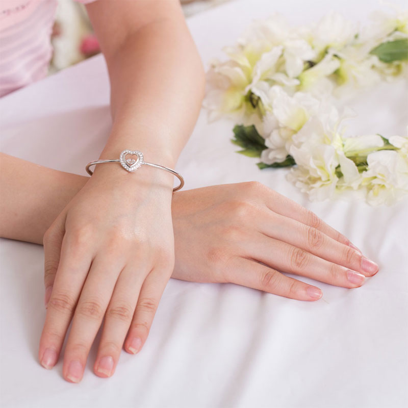 Dancing Stone Heart Bangle Solid 925 Sterling Silver Bridal Wedding - View 5 | SelinJewels