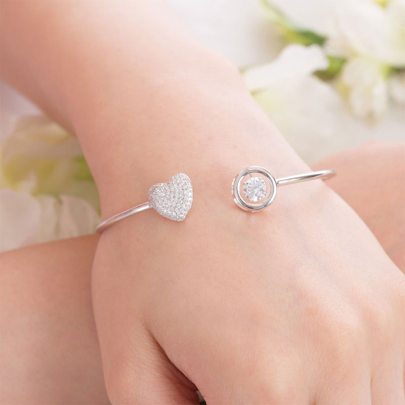 Dancing Stone Heart Bangle Solid 925 Sterling Silver Bridal Wedding - View 2 | SelinJewels