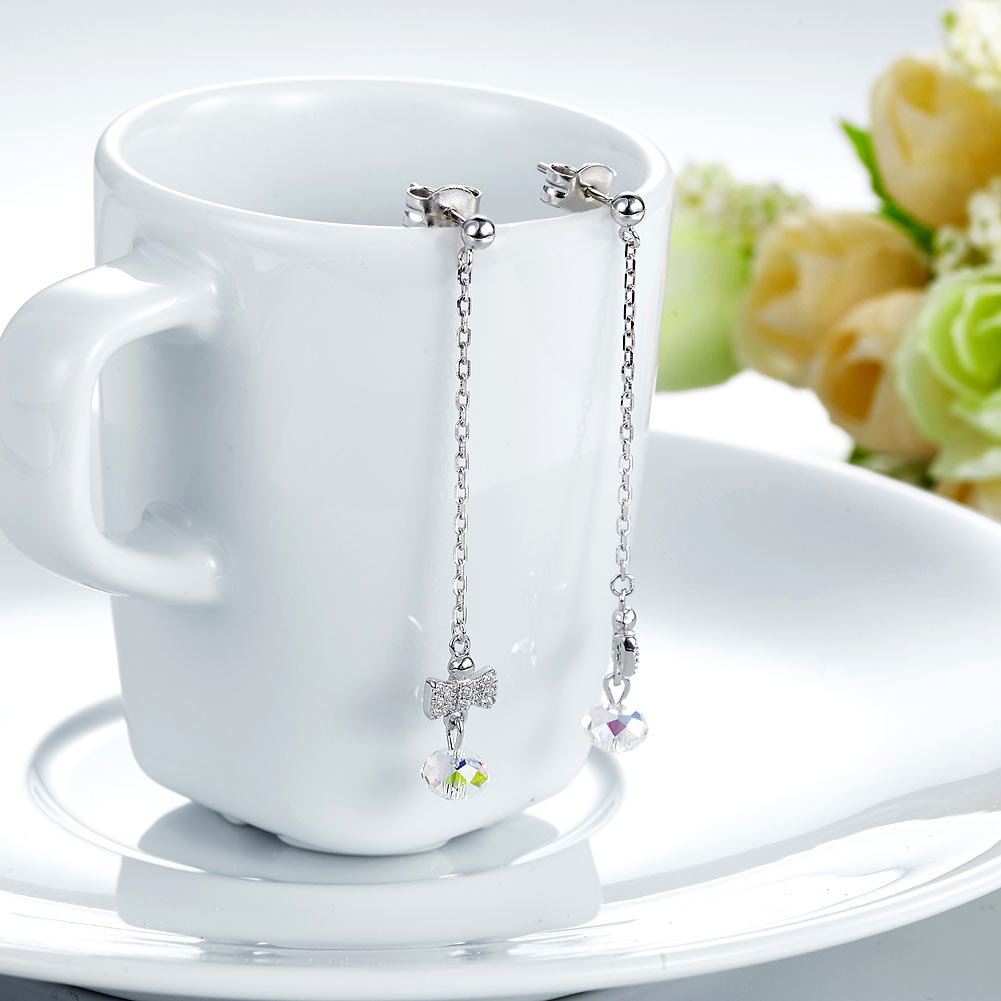 Solid 925 Sterling Silver Drop Dangle Ribbon AB Crystal Earrings - View 5 | SelinJewels