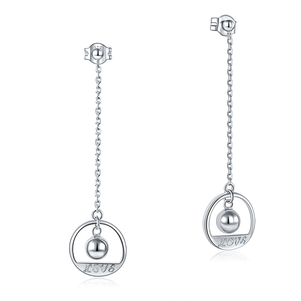 Solid 925 Sterling Silver Long Drop Dangle Love Earrings - View 4 | SelinJewels