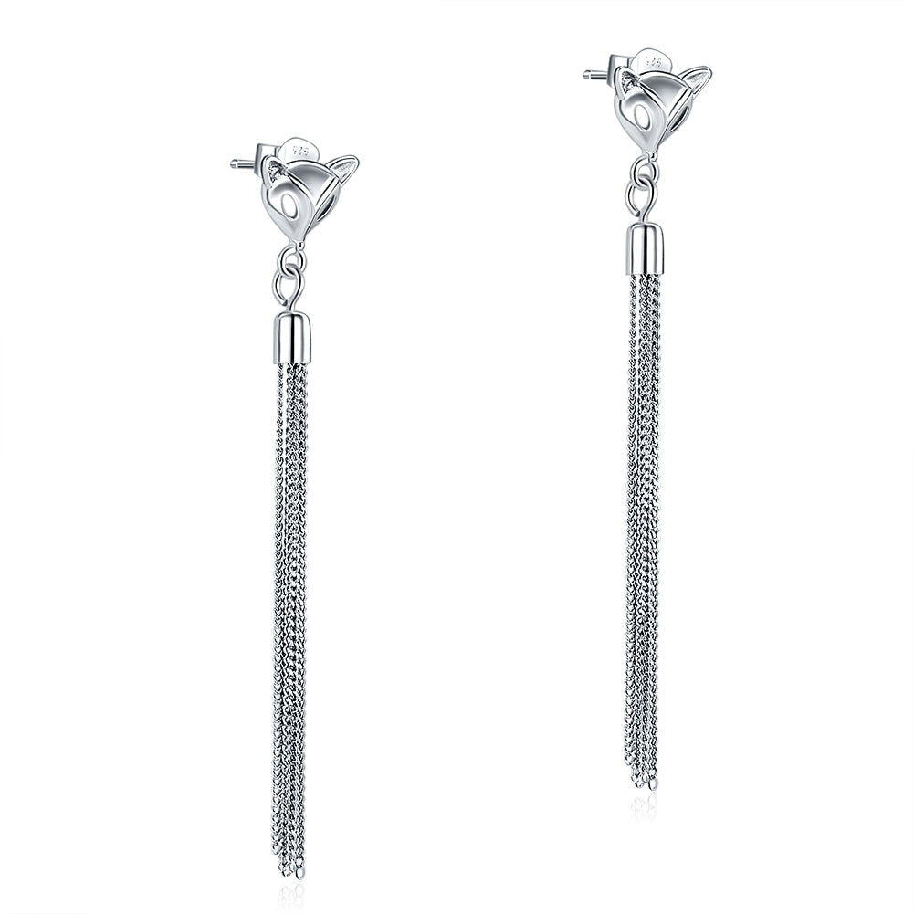 Solid 925 Sterling Silver Earrings Dangle Drop Fox Simple Elegant - View 5 | SelinJewels