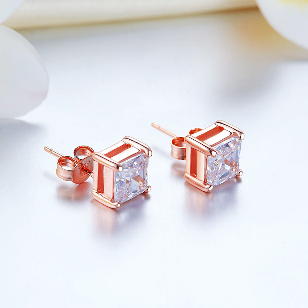 1 Ct Princess Cut Simulated Diamond Stud Earrings 925 Sterling Silver Rose Gold Plated - View 2 | SelinJewels