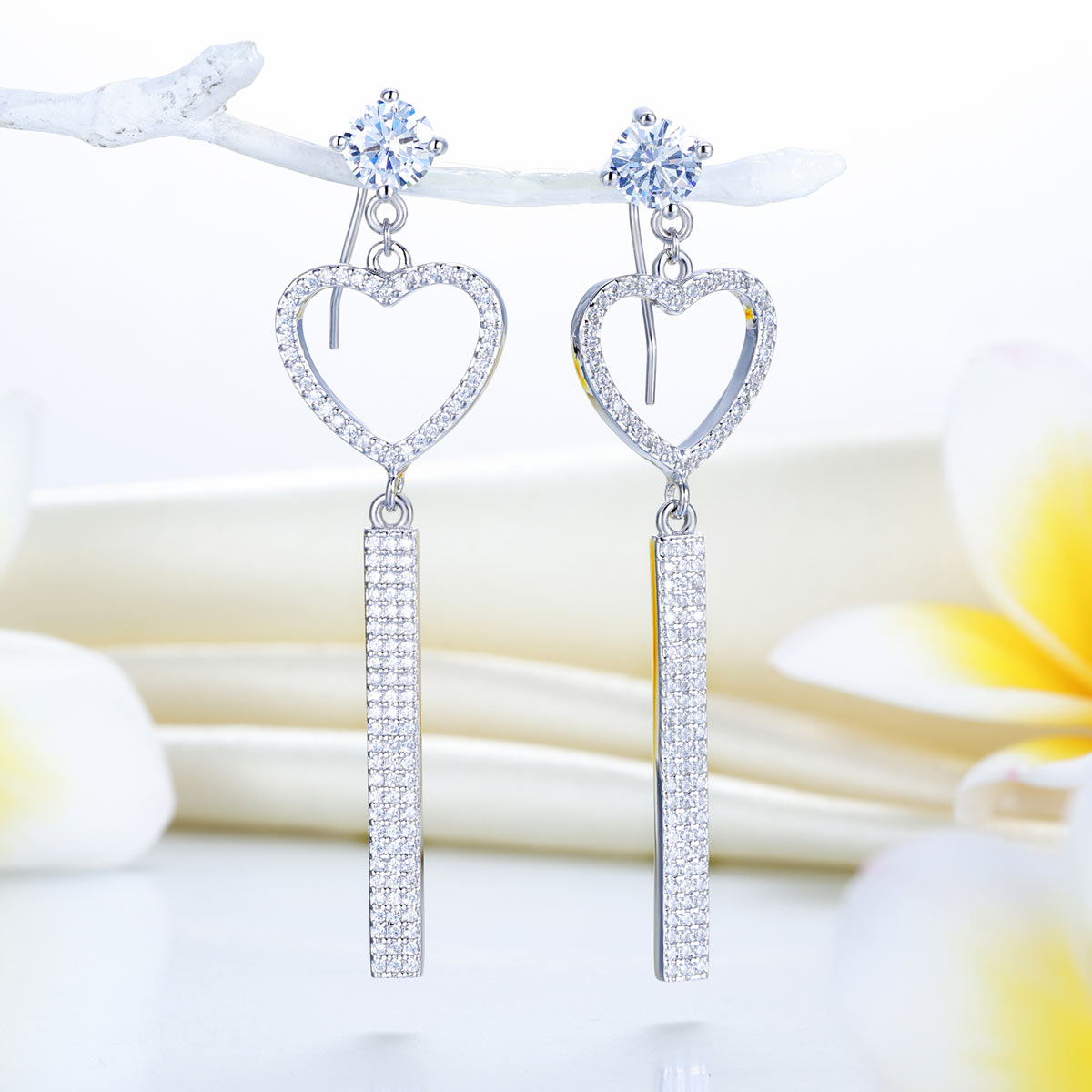 Dangle Heart Luxury 925 Sterling Silver Earrings for Wedding Party - View 2 | SelinJewels