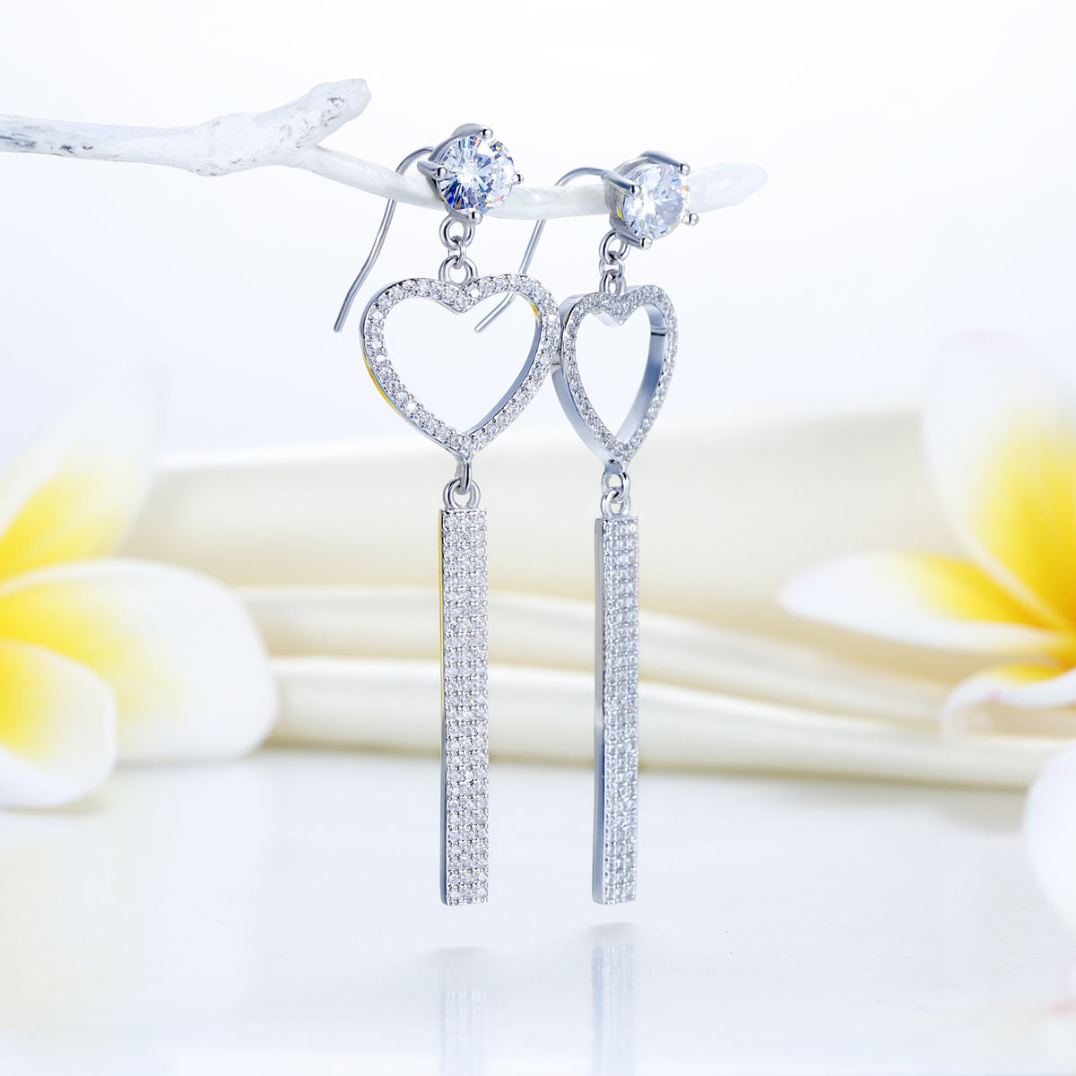 Dangle Heart Luxury 925 Sterling Silver Earrings for Wedding Party - View 3 | SelinJewels