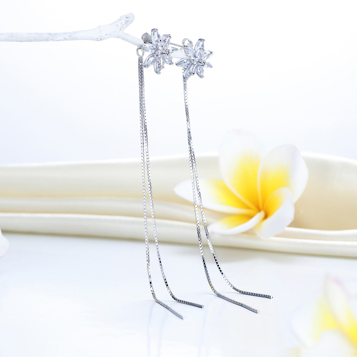 Long Elegant 925 Sterling Silver Earrings Flowers Simulated Diamonds - View 2 | SelinJewels