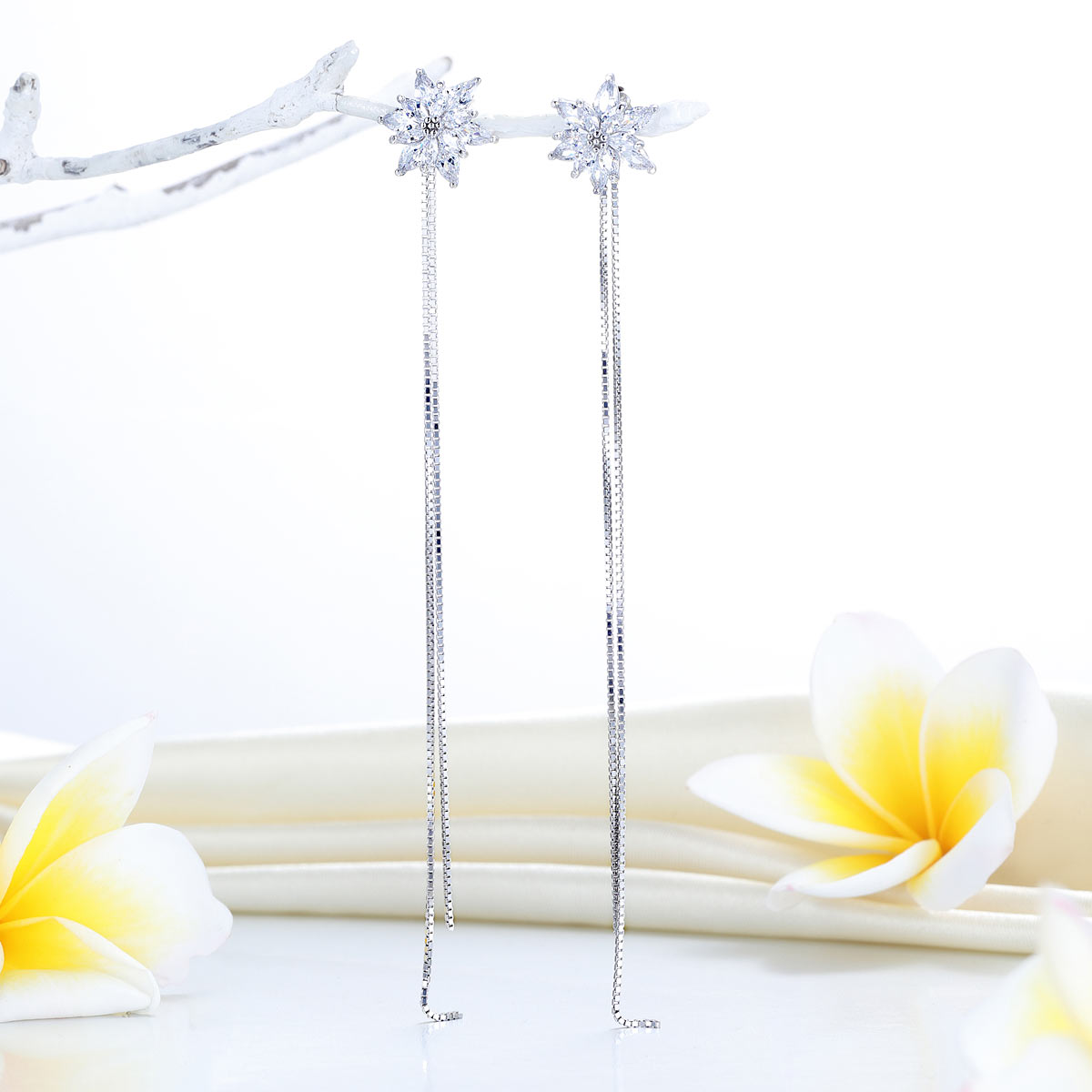 Long Elegant 925 Sterling Silver Earrings Flowers Simulated Diamonds - View 3 | SelinJewels
