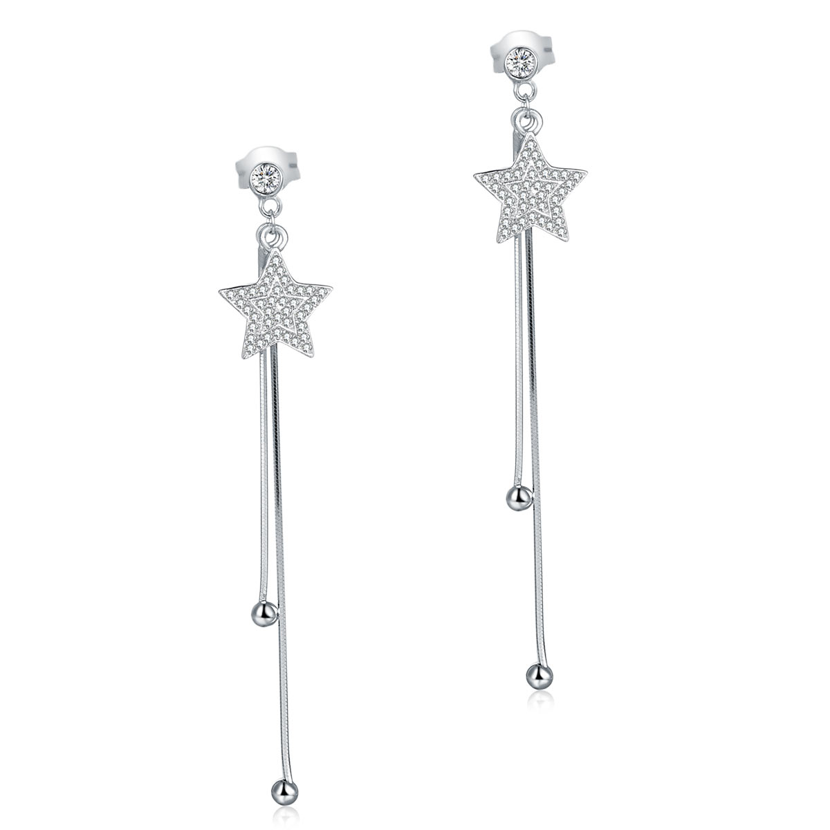Long Elegant 925 Sterling Silver Earrings Star Simulated Diamonds | SelinJewels