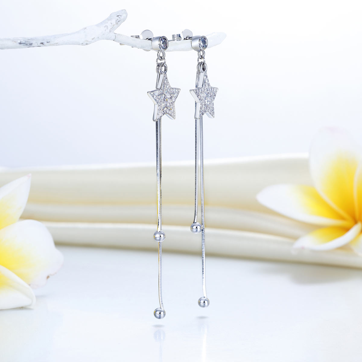 Long Elegant 925 Sterling Silver Earrings Star Simulated Diamonds - View 2 | SelinJewels