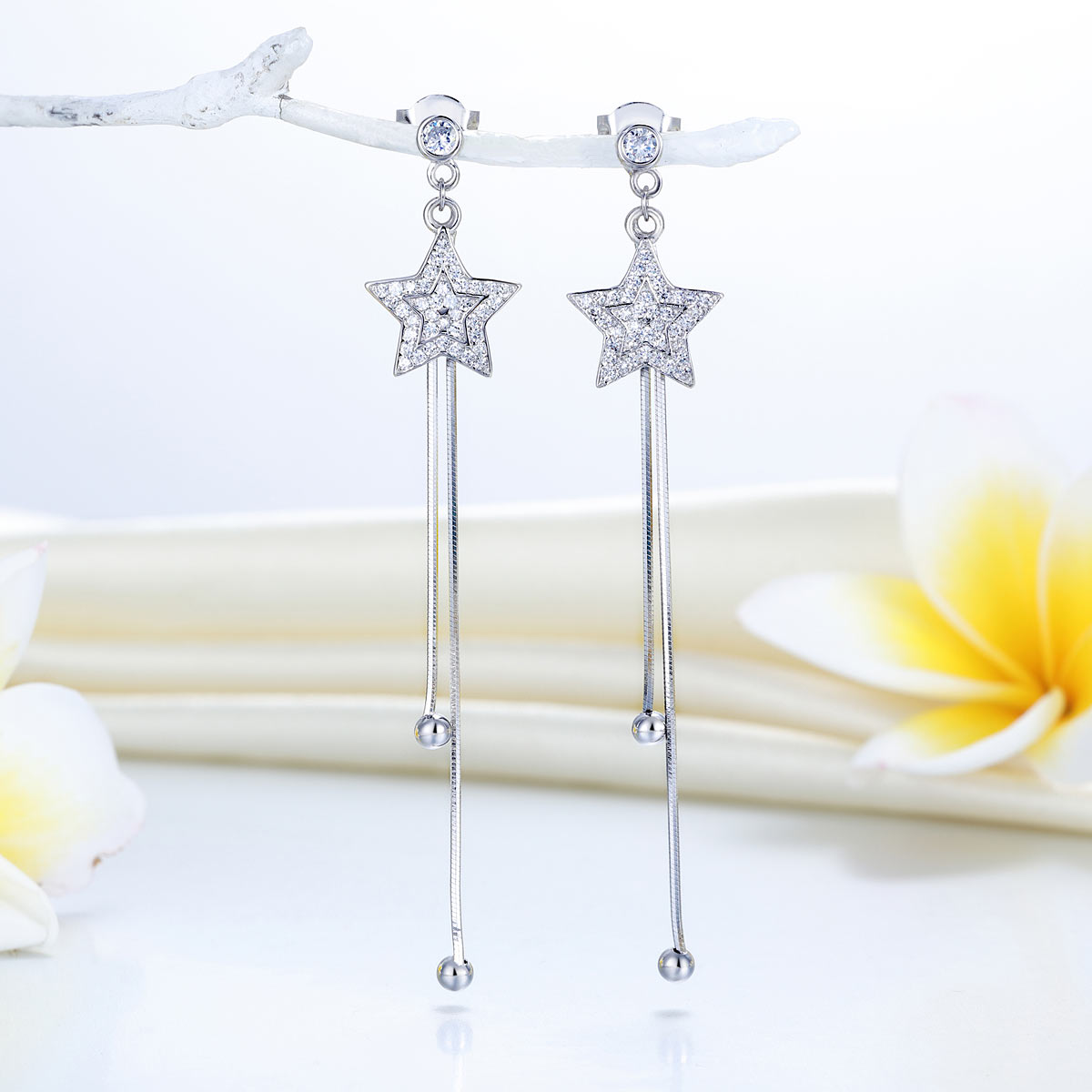 Long Elegant 925 Sterling Silver Earrings Star Simulated Diamonds - View 3 | SelinJewels