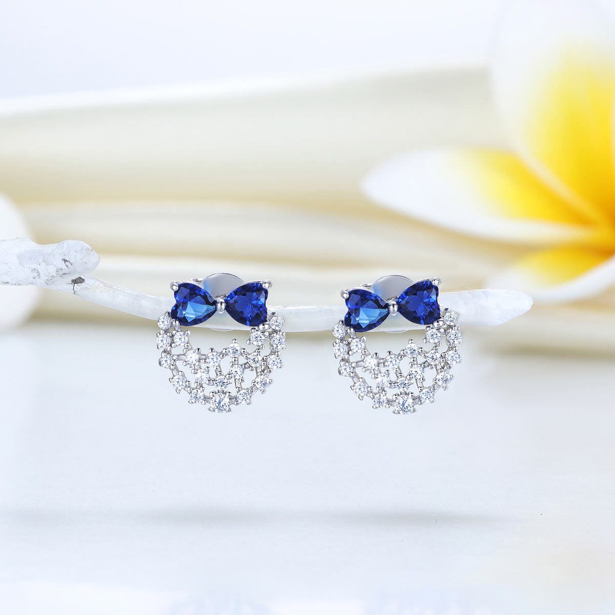 Solid 925 Sterling Silver Stud Earrings Blue Simulated Diamonds - View 2 | SelinJewels