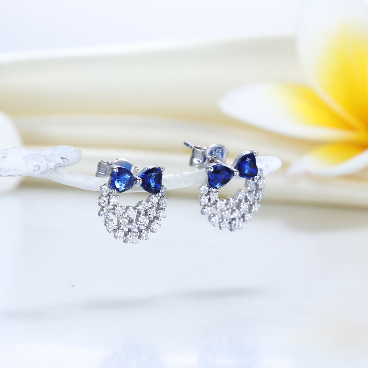 Solid 925 Sterling Silver Stud Earrings Blue Simulated Diamonds - View 3 | SelinJewels