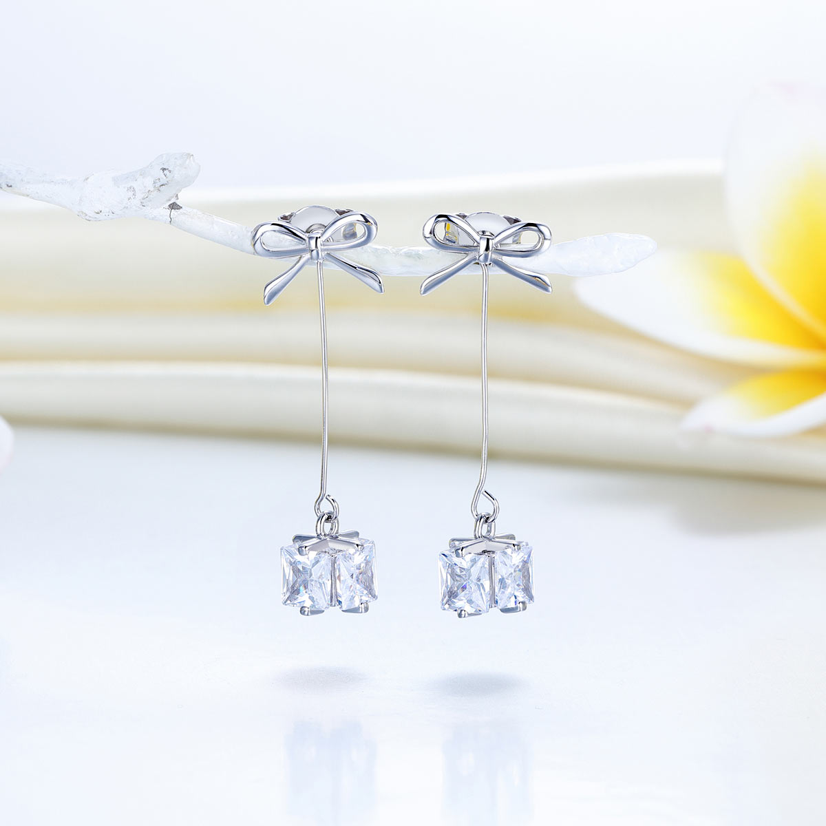 Solid 925 Sterling Silver Bowknot Earrings Dangle Drop Simple Elegant - View 3 | SelinJewels