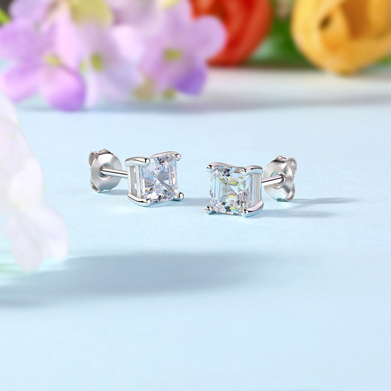 Asscher Cut Simulated Diamond Stud Earrings - View 4 | SelinJewels