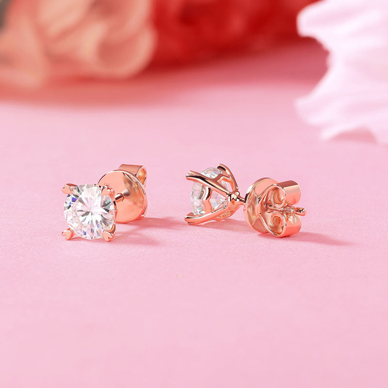 1ct Moissanite Heart Prong Rose Gold Earrings - Angle View | SelinJewels