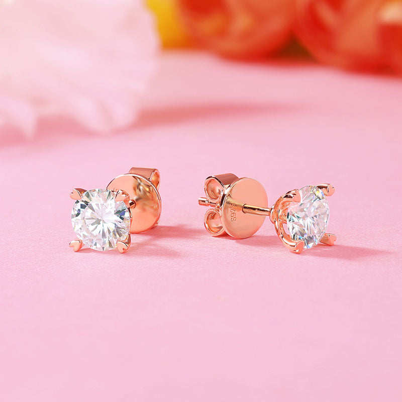 1ct Moissanite Heart Prong Rose Gold Earrings - Wear View | SelinJewels