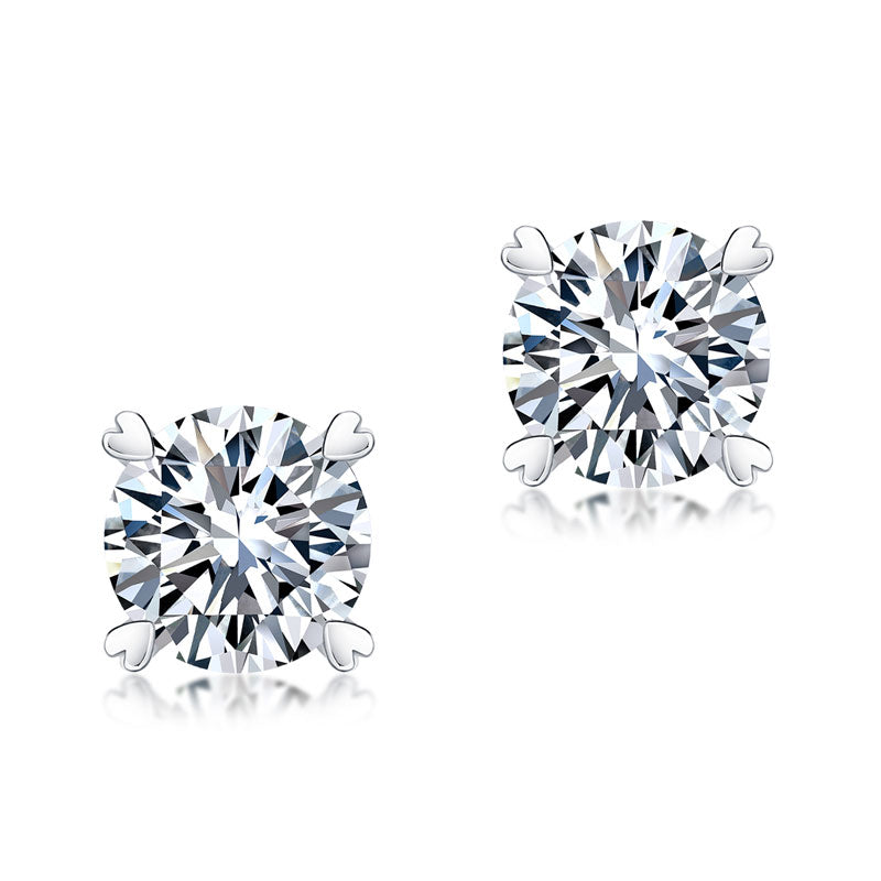 1ct Moissanite Heart Prong Stud Earrings Silver - Close Up | SelinJewels