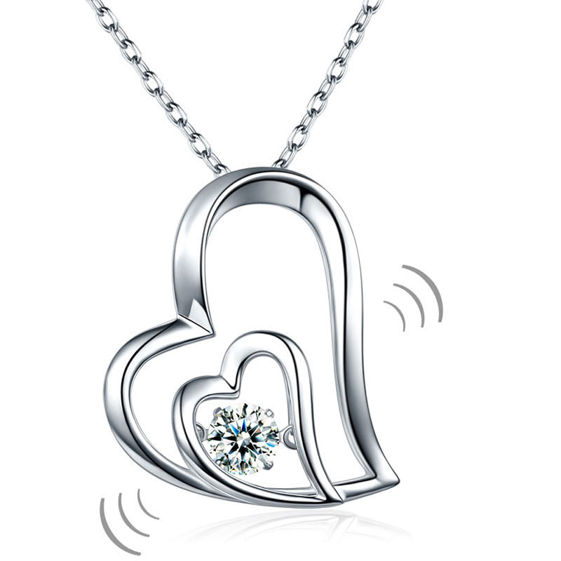 Dancing Stone Double Heart Pendant Necklace 925 Sterling Silver | SelinJewels
