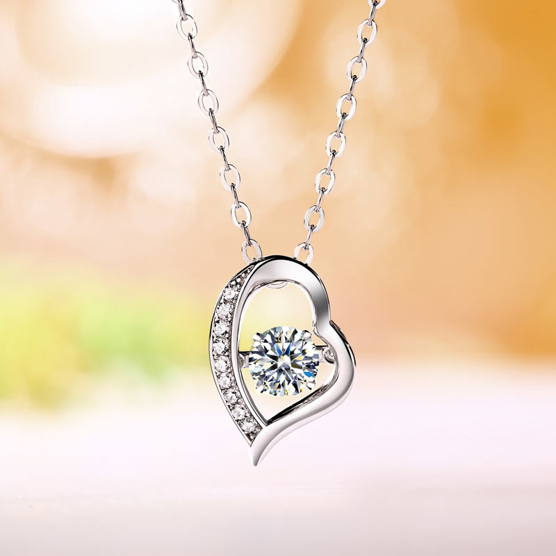 Moissanite Diamond Dancing Stone Heart Necklace - View 3 | SelinJewels