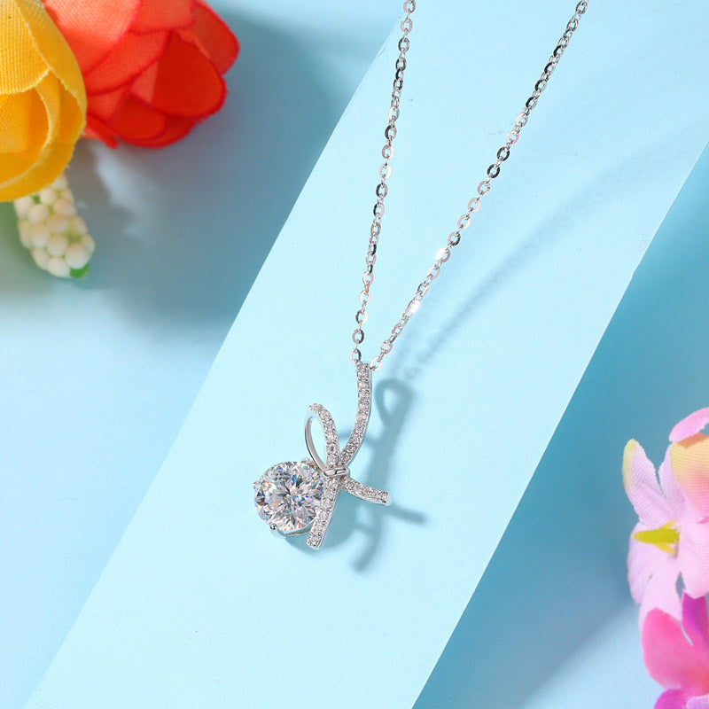 Moissanite Diamond Ribbon Pendant Necklace - View 3 | SelinJewels