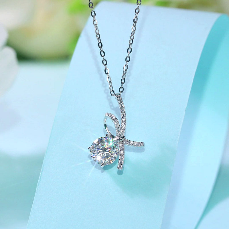 Moissanite Diamond Ribbon Pendant Necklace - View 4 | SelinJewels