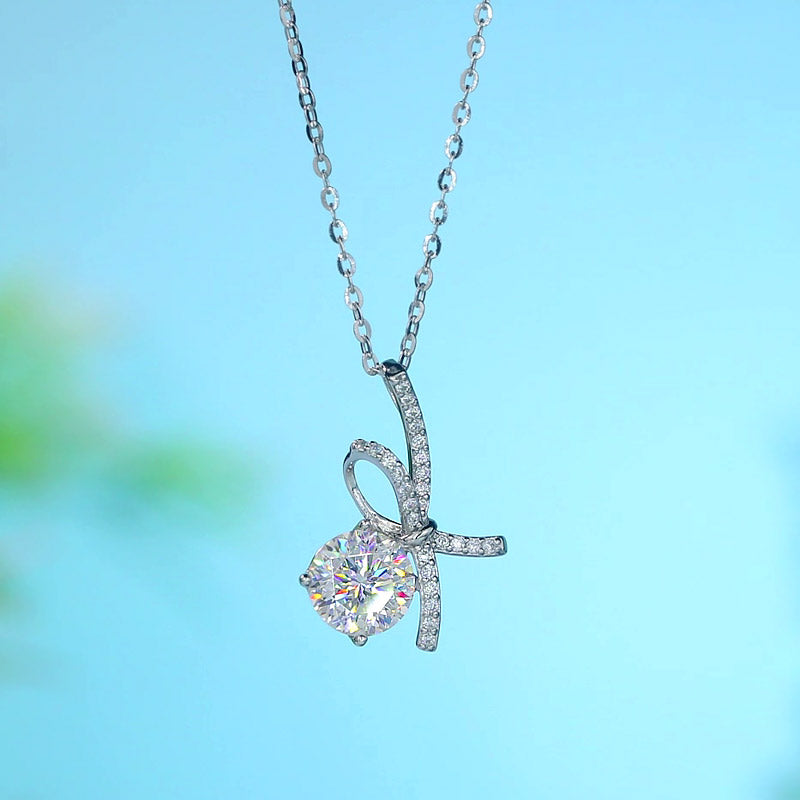 1 Carat Moissanite Diamond Ribbon Pendant Necklace 925 Sterling Silver | SelinJewels