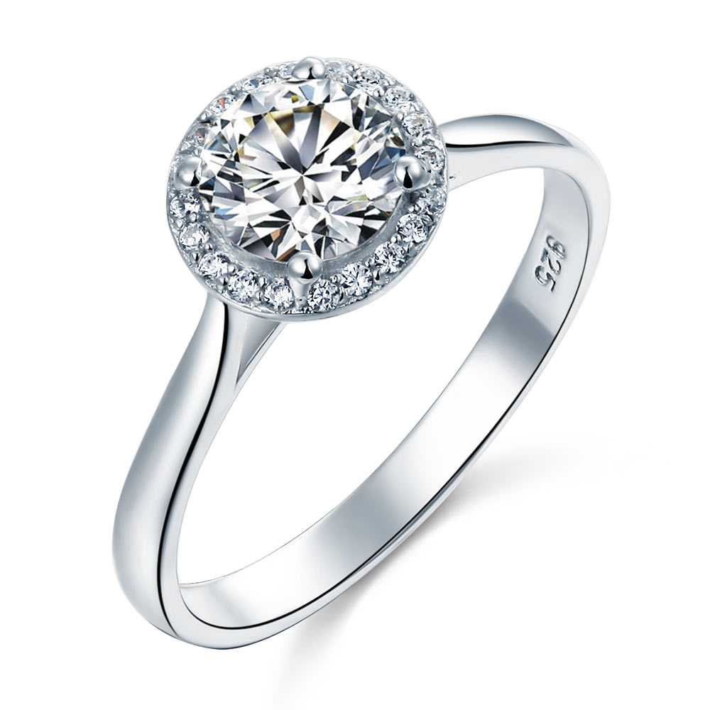 Solid 925 Sterling Silver Engagement Halo Ring - View 3 | SelinJewels