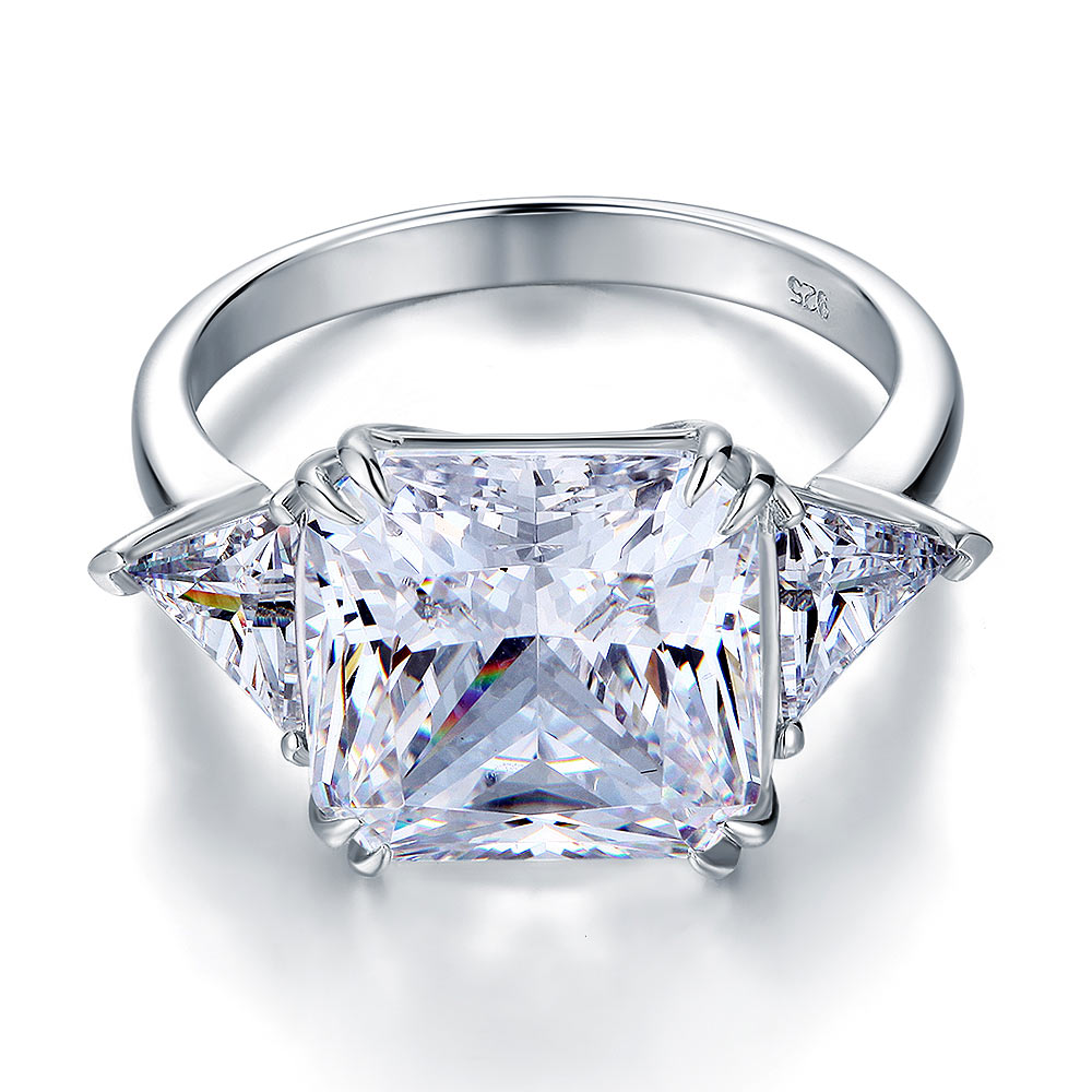 Solid 925 Sterling Silver Three-Stone Luxury Ring Anniversary 8 Carat Simulated Diamond