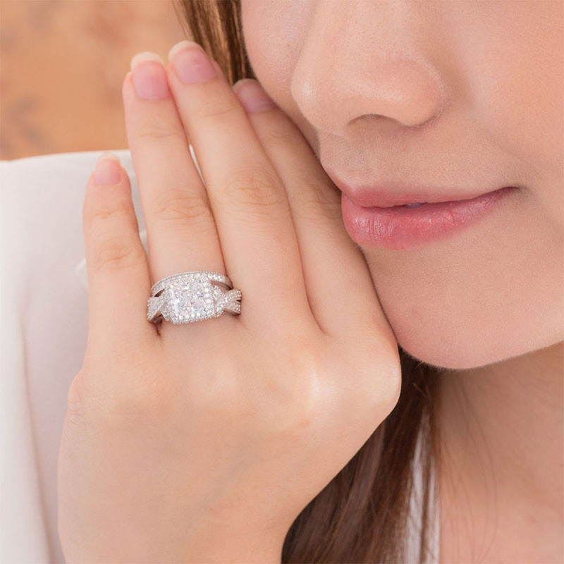 Solid 925 Sterling Silver Wedding Anniversary Engagement Ring Set Vintage Style Princess