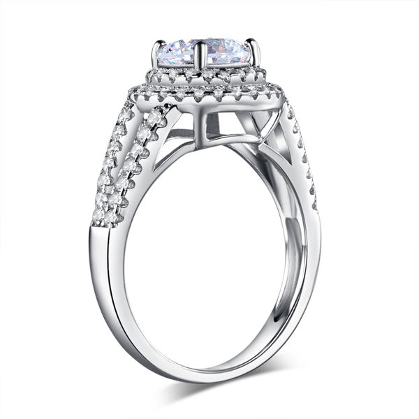 Double Halo 925 Sterling Silver Ring Simulated Diamond - View 3 | SelinJewels