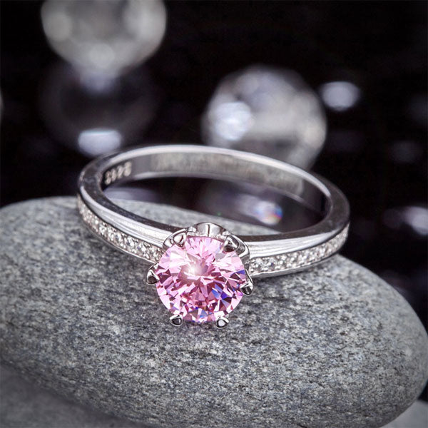 6 Claws Silver Promise Ring Fancy Pink Diamond - View 6 | SelinJewels