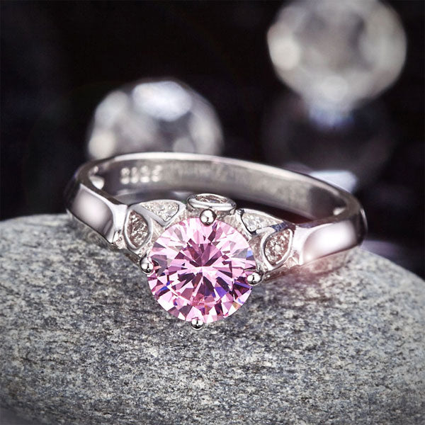 Flower Silver Promise Ring Fancy Pink Diamond - View 6 | SelinJewels