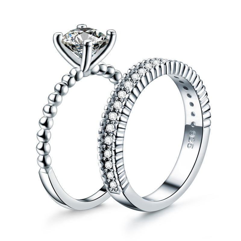 Solid 925 Sterling Silver 2-Pcs Wedding Engagement Ring Set 1 Ct Simulated Diamond | SelinJewels