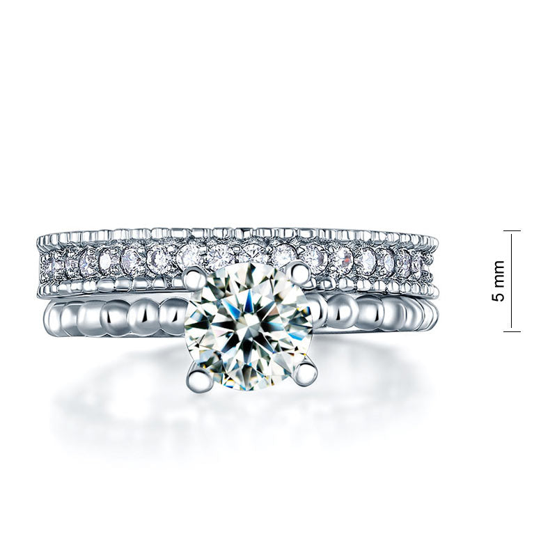 Solid 925 Sterling Silver 2-Pcs Wedding Engagement Ring Set 1 Ct Simulated Diamante Jewelry
