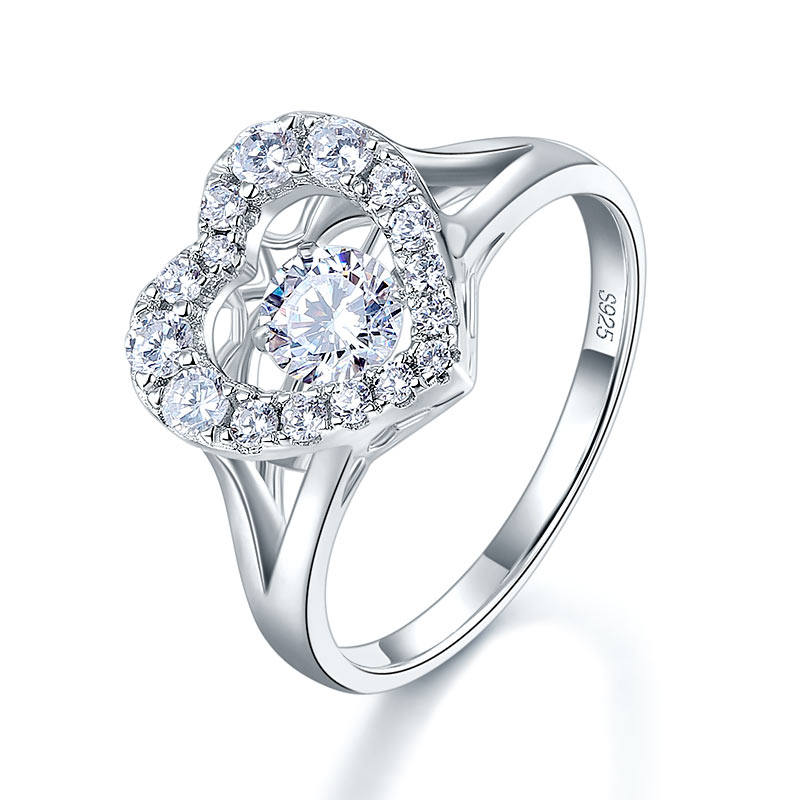 Dancing Stone Heart Solid 925 Sterling Silver Ring Fashion Wedding Jewelry