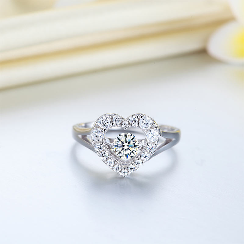 Dancing Stone Heart Solid 925 Sterling Silver Ring Fashion Wedding Jewelry