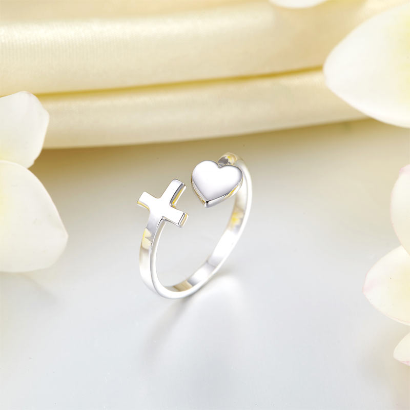 Plain Solid 925 Sterling Silver Ring Cross Heart for Lady Trendy Stylish