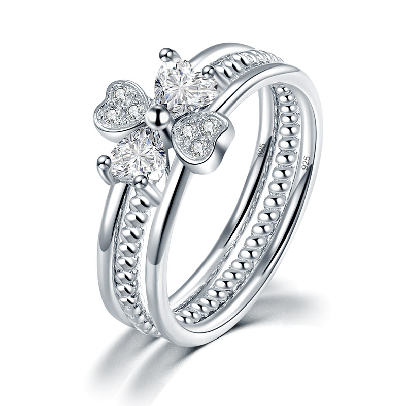 Solid 925 Sterling Silver Ring Set 3-Pcs Set Heart Love Jewelry