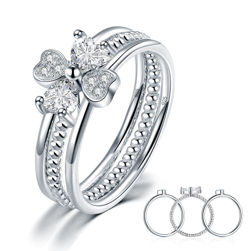 Solid 925 Sterling Silver Ring Set 3-Pcs Heart Love Jewelry | SelinJewels