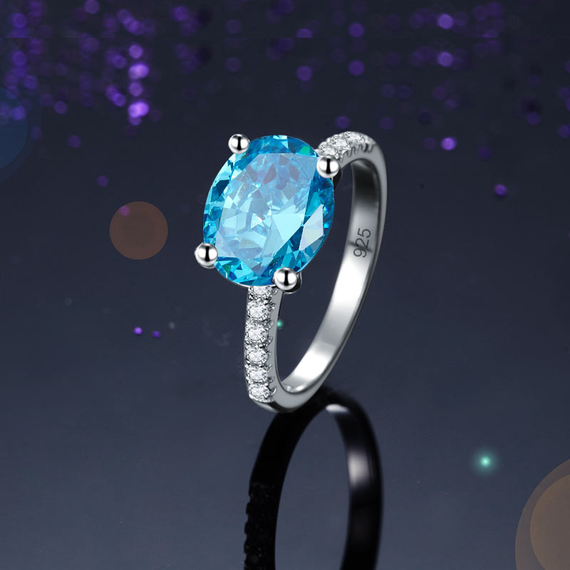 Solid 925 Sterling Silver 4 Carat Anniversary Ring Blue Oval Party Luxury Jewelry