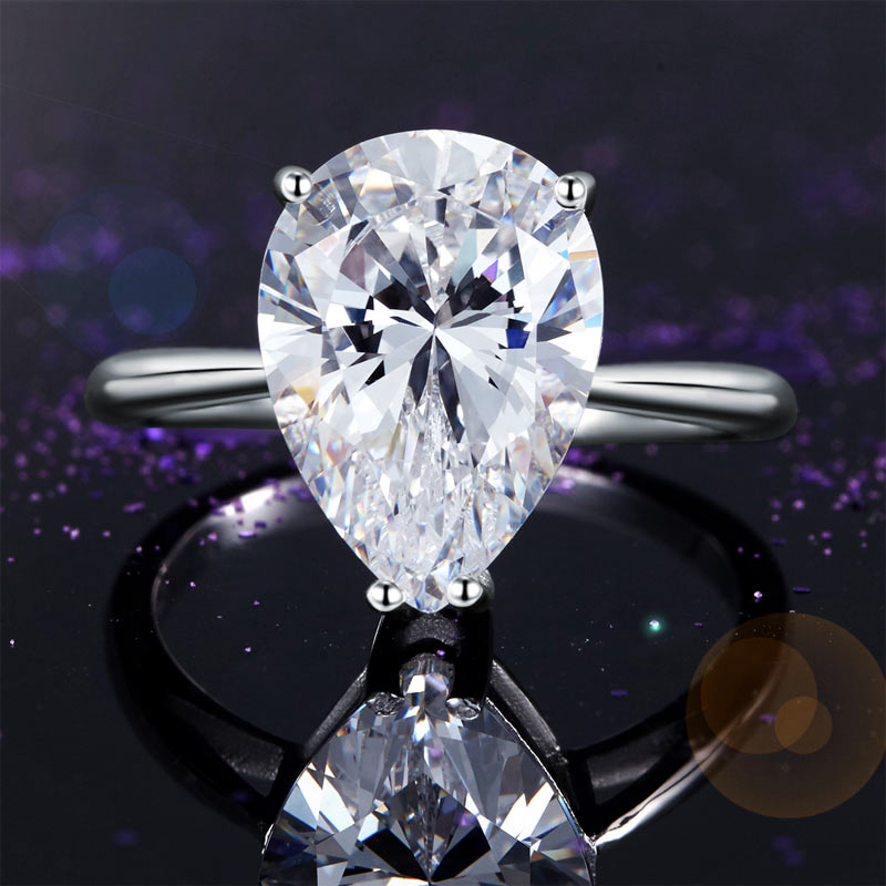 Solid 925 Sterling Silver Luxury Ring Solitaire Pear 4.5 Carat Wedding Engagement Party Pageant Jewelry
