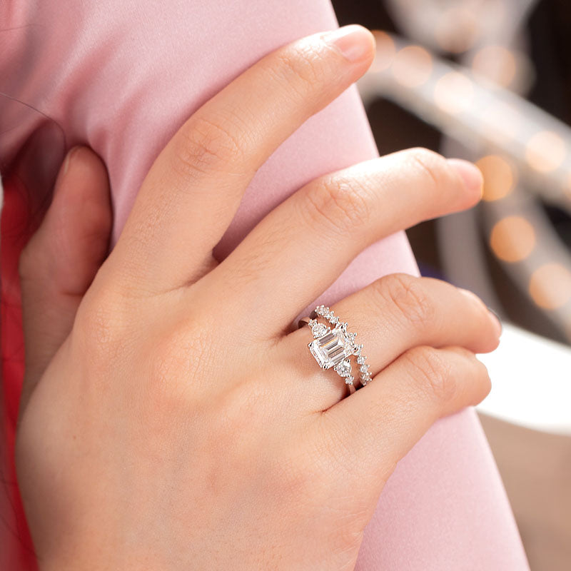 2 Carat Emerald Cut Moissanite Diamond Ring Set - View 4 | SelinJewels